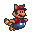 Pixelated character with red cap, mustache, and blue overalls in two side-by-side poses against gray background.