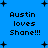 Blue background with black pixelated text "Austin loves Shane!!!" repeated in four quadrants, surrounded by small plus signs and larger cross-shaped stars.