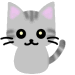 Gray cartoon cat with pink inner ears, yellow eyes, black whiskers and nose, striped tail; left view shows raised paw, right view shows lowered paw.