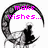 A circular black-and-white icon with a stylized figure and pink text reading "make wishes..." in the top-left quadrant.
