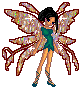 Pixelated fairy avatar with teal dress, orange skin, black hair, and multi-layered translucent wings in brown and pink hues.