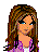Pixelated cartoon-style animated contact sheet showing three frames of a female character with long brown hair wearing a purple jacket and blue jeans, with partial text below the left frame.