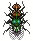 Pixelated insect with brown head, green body, and black limbs on white background; left side shows solid legs, right side shows checkered legs.