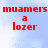 Red pixelated text reads 'muamers a lozer' on a light blue pixelated background with scattered white and pink pixels.
