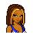 Pixelated character with brown braided hair and green eyes wearing a blue top, standing against white background.