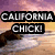 Beach scene with purple-pink sky and waves, text 'CALIFORNIA CHICK!' appears then disappears across frames.