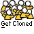 A static contact sheet of two identical animated frames showing yellow stick figures with white heads and black outlines, each frame paired with "Get Cloned" text below and promotional text to the right on a gray background.