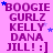 A static image with a pink background displays repeated text in purple and blue, including 'BOOGIE GURLZ', 'KELLY DANA JILL! :]', and small stars.