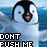 Animated penguin character with black and white plumage, blue eyes, red beak, standing against a blue water background with text overlays.