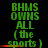Green text on black background reads 'BHMS OWNS ALL (the sports)' with red horizontal lines beneath the phrase across three repeated
