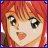 Pixelated anime-style face with red hair, large eyes, and a small mouth, framed by a purple border with cyan corner accents.