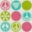 circular icons featuring peace signs, hearts, and starbursts in pink, teal, and green on a light background