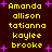 Yellow pixelated text listing names against a dark background with scattered pink star shapes.