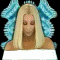 Animated sequence of a person with long blonde hair and blue floral headpiece against black background, showing subtle facial expression changes.