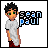 Pixel art contact sheet showing five animated frames of a cartoon character with green eyes and black spiky hair standing next to text reading "sean paul" in blue and white block letters, wearing a gray t-shirt and red pants against a white background.