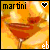 A 50x50 pixel animated contact sheet showing two frames of a martini-themed buddy icon with text and heart symbols on an orange background.