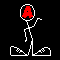 A stick figure with a red 'A' head performs sequential actions against black background, including walking and kicking motions.