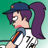 Pixelated character with purple ponytail wearing dark blue cap and white jersey with orange and blue stripes, holding a bat against gradient green background.