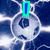 A soccer-themed animated icon with a blue and white hexagonal background, displaying text elements that change across frames.