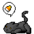 Pixel art of a black cat in various poses with a thought bubble containing a candy corn icon, displayed in a
