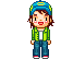 Pixel art character in green jacket and blue cap performing multiple actions including holding cake, eating, and interacting with circular objects.