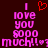 Pixelated text reads "I love you sooo much!!" with a red heart above, repeated twice on dark background.