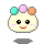 Pixelated character with cream-colored body, three pastel hair balls (teal, pink, orange), black eyes, red mouth, and pink blush dots in multiple expressions.