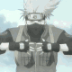identical anime-style character icons with white hair, goggles, and a mask covering the lower face, each in different hand gestures against a light blue sky background