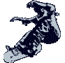 Three sequential skateboarding poses rendered in blue and white pixel art against a light gray background.