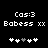 Pixelated text and symbols on black background with two identical side-by-side layouts showing 'Cos:3', 'Babess xx', and five heart icons where the third icon changes from white to gray.