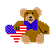 Pixelated brown teddy bear wearing blue bow tie holding American flag with red/white stripes and blue field of white stars, static single-frame image on transparent background.