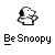 Pixelated black-and-white cartoon dog with one ear and eye visible, positioned above pixelated text reading "Be Snoopy" on a solid gray background.