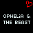 Red pixelated heart symbol above white text reading 'OPHELIA & THE BEAST' in two identical side-by-side blocks on black background.