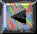 A pixelated animated icon with a colorful striped background and dark border, showing sequential changes in the central shape from black triangle to red triangle then back to black.
