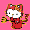 Red Hello Kitty avatar with devil horns, tail, and pitchfork stands against pink background; flames appear beneath the figure in