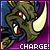 A pixelated character with brown armor, red eyes, and a white horn appears in a of identical frames with purple borders and "CHARGE!" text below