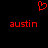 Red pixelated heart symbol above two red 'austin' text instances on black background.