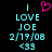 Pixelated cyan text on black background with a pink heart symbol above the first line, showing 'I LOVE JOE 2/19/08 <33' in two identical