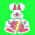 Pixelated bunny icon with red accents on green background, holding a patterned egg-like object.