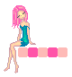 Pixel art of a pink-haired figure in a teal dress sitting on a of colored squares, with text forming 'Layka' across the squares