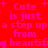 Red background with pink pixelated text repeating 'Cute is just a step up from beautiful' and small plus symbols scattered throughout.