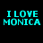 Cyan pixelated text "I LOVE MONICA" repeated six times in two on a black background
