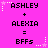 Pixelated text on bright pink background shows 'ASHLEY + ALEXIA = BFFs' with star and dot decorations, repeated in two