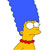 Pixelated character with tall blue hair, yellow skin, red collar, and neutral expression against white background.