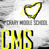 Yellow and black heart outline icon with 'CRARY MIDDLE SCHOOL' text above 'CMS' in bold yellow letters on a textured background.