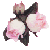 Pixelated image of three pink and white flowers with dark green leaves against a light gray background.