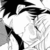 Black-and-white anime-style character with dark hair covering one eye, hand near face in a shy or contemplative pose.