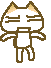 Pixelated cat-like character with closed eyes and brown outline in various poses including standing, kicking, and tail movement.