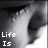A grayscale image of a person's eye with text fragments arranged in four quadrants, each displaying partial phrases.