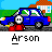 Animated contact sheet of a blue car catching fire, with flame effects progressing across frames and the word 'Arson' displayed below each frame.